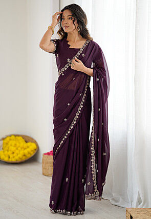 Embroidered Georgette Scalloped Saree in Wine