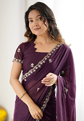 Embroidered Georgette Scalloped Saree in Wine