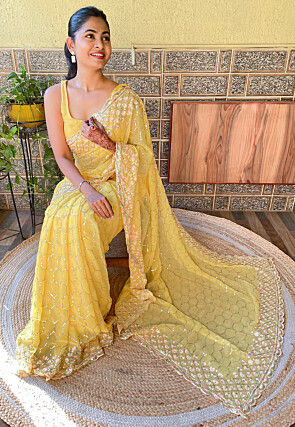Embroidered Georgette Scalloped Saree in Yellow