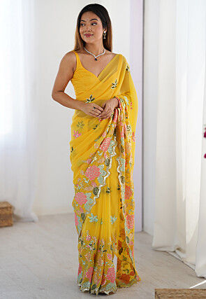 Embroidered Georgette Scalloped Saree in Yellow