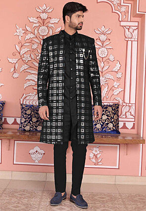 Embroidered Georgette Sherwani in Black