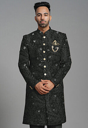Embroidered Georgette Sherwani in Black
