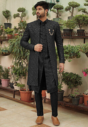 Embroidered Georgette Sherwani in Black