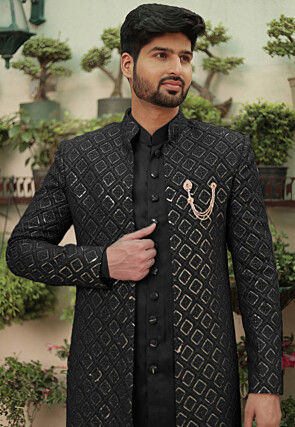 Embroidered Georgette Sherwani in Black