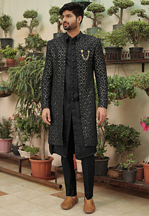 Embroidered Georgette Sherwani in Black