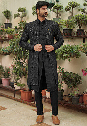 Embroidered Georgette Sherwani in Black