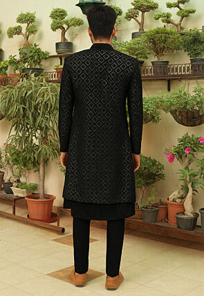 Embroidered Georgette Sherwani in Black
