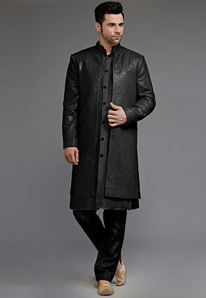 Embroidered Georgette Sherwani in Black