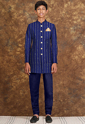 Embroidered Georgette Sherwani in Blue