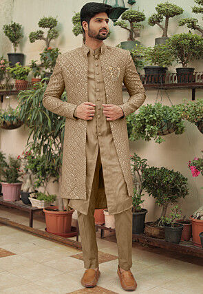 Embroidered Georgette Sherwani in Dark Beige