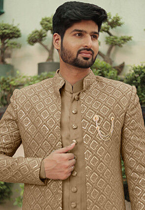 Embroidered Georgette Sherwani in Dark Beige