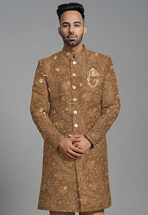 Embroidered Georgette Sherwani in Dark Beige
