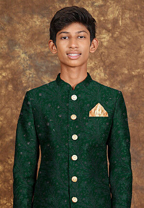 Embroidered Georgette Sherwani in Dark Green