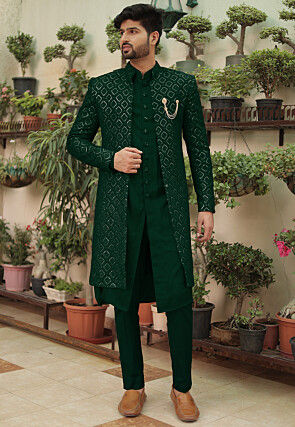 Embroidered Georgette Sherwani in Dark Green