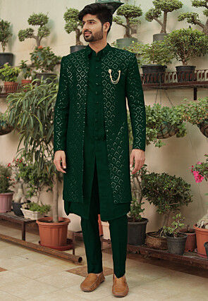 Embroidered Georgette Sherwani in Dark Green