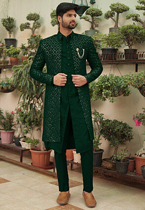 Embroidered Georgette Sherwani in Dark Green
