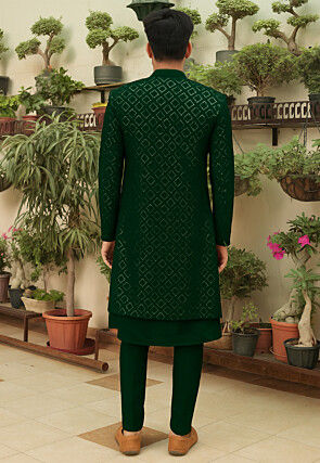 Embroidered Georgette Sherwani in Dark Green