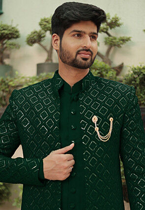 Embroidered Georgette Sherwani in Dark Green