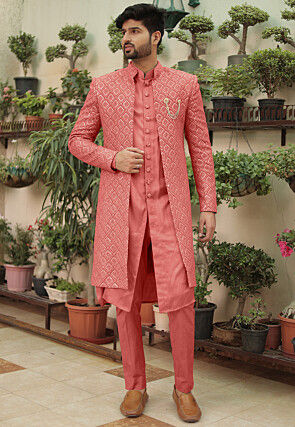 Embroidered Georgette Sherwani in Dark Peach