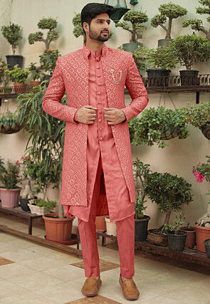 Embroidered Georgette Sherwani in Dark Peach