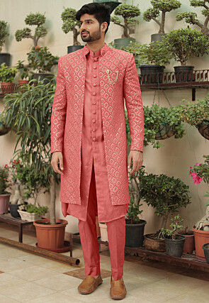 Embroidered Georgette Sherwani in Dark Peach