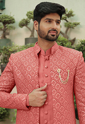 Embroidered Georgette Sherwani in Dark Peach