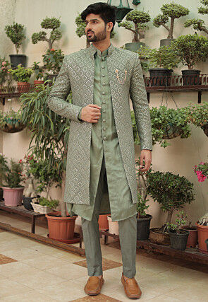 Embroidered Georgette Sherwani in Dusty Green