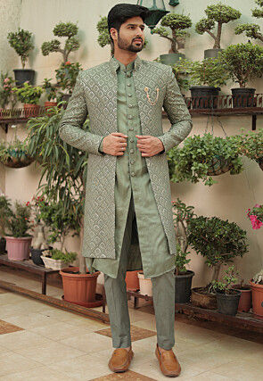 Embroidered Georgette Sherwani in Dusty Green