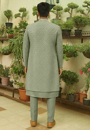 Embroidered Georgette Sherwani in Dusty Green