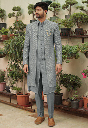 Embroidered Georgette Sherwani in Grey