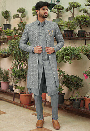 Embroidered Georgette Sherwani in Grey
