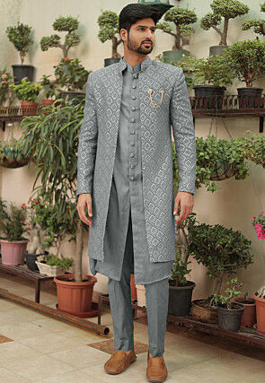 Embroidered Georgette Sherwani in Grey