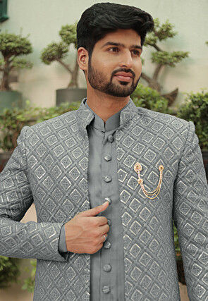 Embroidered Georgette Sherwani in Grey