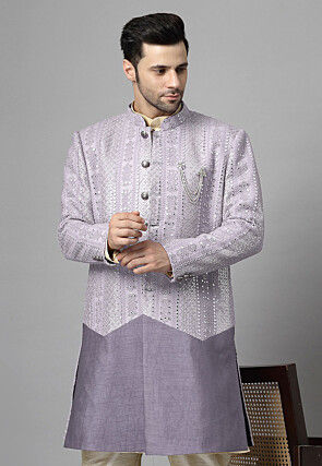 Embroidered Georgette Long Jacket in Grey