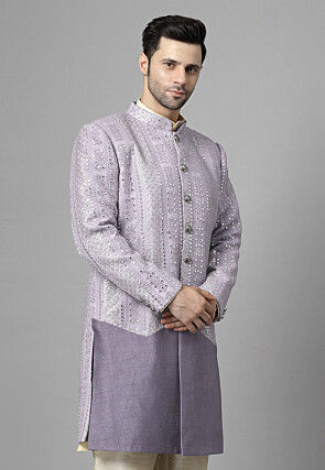 Embroidered Georgette Long Jacket in Grey