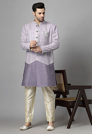 Embroidered Georgette Long Jacket in Grey