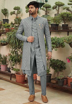 Embroidered Georgette Sherwani in Grey