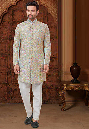 Embroidered Georgette Sherwani in Light Blue