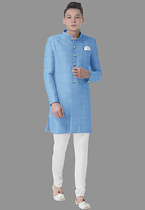 Embroidered Georgette Sherwani in Light Blue