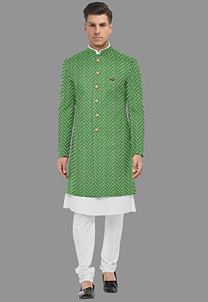 Embroidered Georgette Sherwani in Light Green and White
