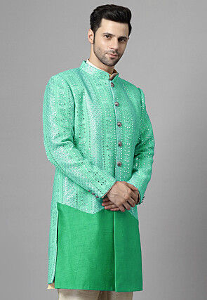 Embroidered Georgette Long Jacket in Light Green