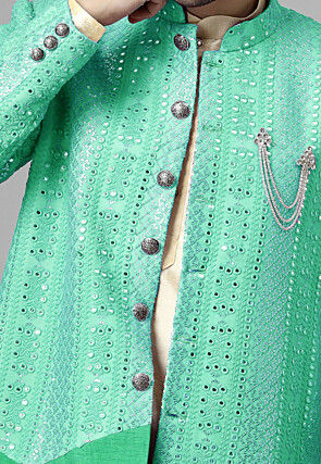 Embroidered Georgette Long Jacket in Light Green