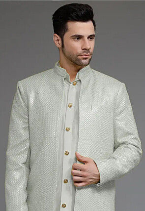Embroidered Georgette Sherwani in Light Grey