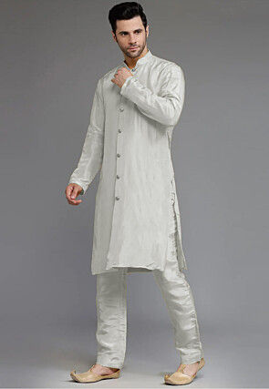 Embroidered Georgette Sherwani in Light Grey