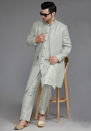 Embroidered Georgette Sherwani in Light Grey