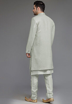 Embroidered Georgette Sherwani in Light Grey