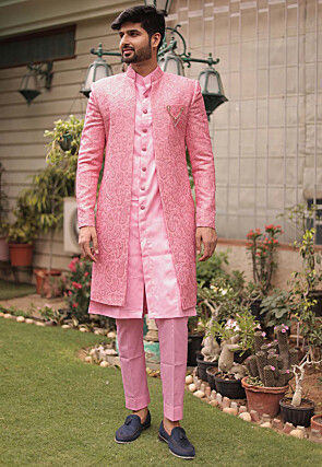 Embroidered Georgette Sherwani in Light Pink