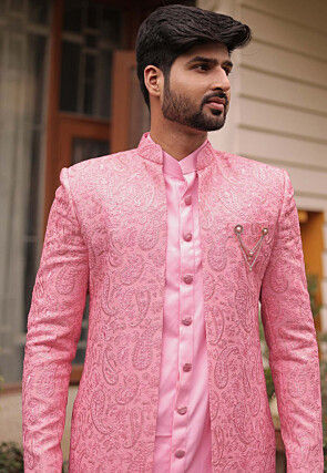 Embroidered Georgette Sherwani in Light Pink