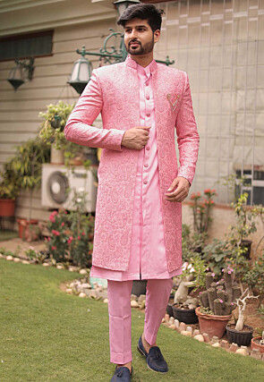 Embroidered Georgette Sherwani in Light Pink
