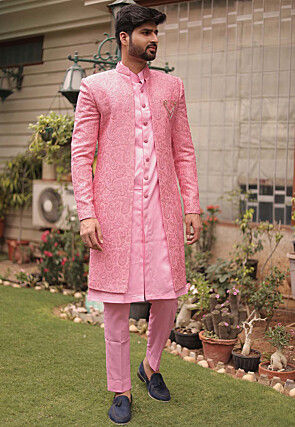 Embroidered Georgette Sherwani in Light Pink